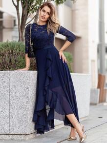 MIUSOL Vestido formal de fiesta con corsé de encaje floral y volantes de gasa - Azul Marino - Ver 7