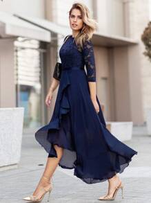 MIUSOL Vestido formal de fiesta con corsé de encaje floral y volantes de gasa - Azul Marino - Ver 9