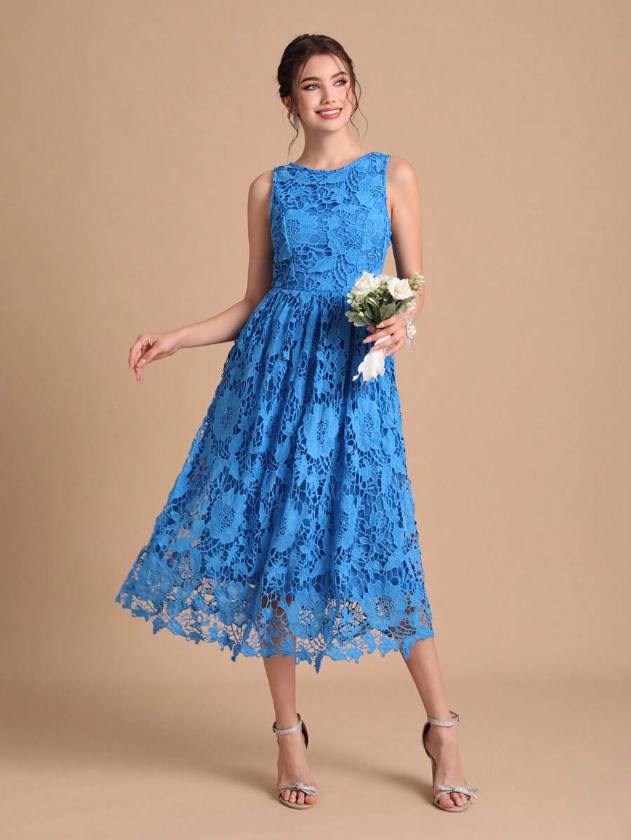 SHEIN Belle Solid Lace Overlay Bridesmaid Dress - Blue - View 1