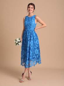 SHEIN Belle Solid Lace Overlay Bridesmaid Dress - Blue - View 4