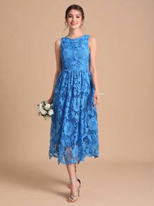 SHEIN Belle Solid Lace Overlay Bridesmaid Dress - Blue - View 6
