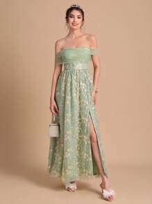 SHEIN Belle 1入組一字肩高衩蕾絲伴娘洋裝