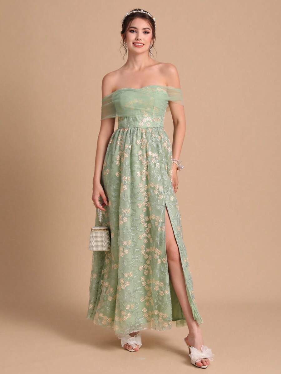 SHEIN Belle 1入組一字肩高衩蕾絲伴娘洋裝