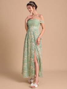 SHEIN Belle 1入組一字肩高衩蕾絲伴娘洋裝