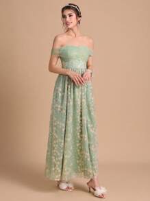 SHEIN Belle 1入組一字肩高衩蕾絲伴娘洋裝