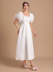 SHEIN Belle 1 pieza Vestido de novia de cuello cuadrado ribete con fruncido - Blanco - Ver 6