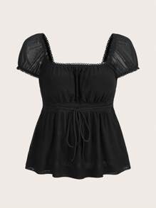 SHEIN MOD 夏季方领前褶皱荷叶边黑色蝴蝶结绳 T 恤 - 黑色 - 查看 1