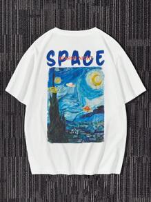 Manfinity VCAY 宽松版型男士棉质字母图案圆领休闲 T 恤 - 白色 - 查看 6