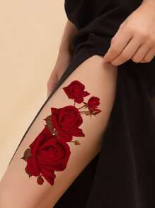 張性感紅玫瑰花臨時紋身貼紙 - 紅色 - 查看 4