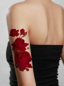 張性感紅玫瑰花臨時紋身貼紙 - 紅色 - 查看 6