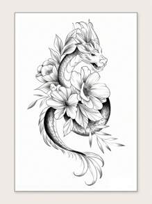 1 hoja Pegatina tatuaje dragón chino & con patrón floral - Negro - Ver 2