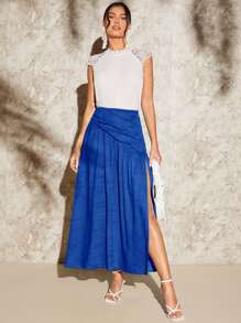 SHEIN VCAY Solid Split Thigh Skirt - Royal Blue - View 4