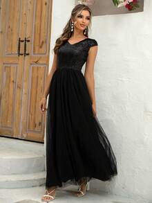 Joyfunear Váy dạ hội lưới sequin tương phản màu đen thanh lịch cho tiệc cưới, tốt nghiệp, váy dự tiệc tối - màu đen - Xem 6