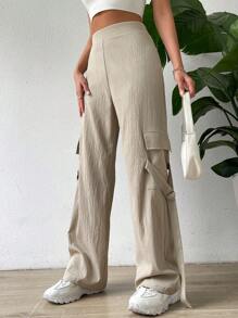 SHEIN Essnce 側翻蓋口袋工裝褲 - 卡其色 - 查看 5