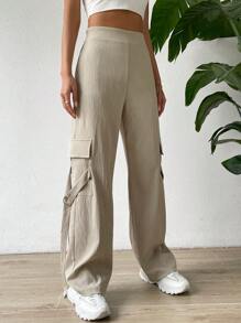 SHEIN Essnce 側翻蓋口袋工裝褲 - 卡其色 - 查看 1