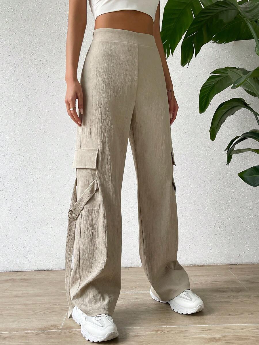 SHEIN Essnce 側翻蓋口袋工裝褲 - 卡其色 - 查看 1