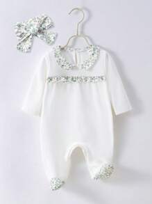 SHEIN 女婴花卉印花荷叶边饰对比色领连脚睡衣连体衣和配饰头带