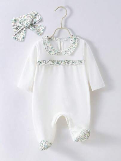 SHEIN 女婴花卉印花荷叶边饰对比色领连脚睡衣连体衣和配饰头带