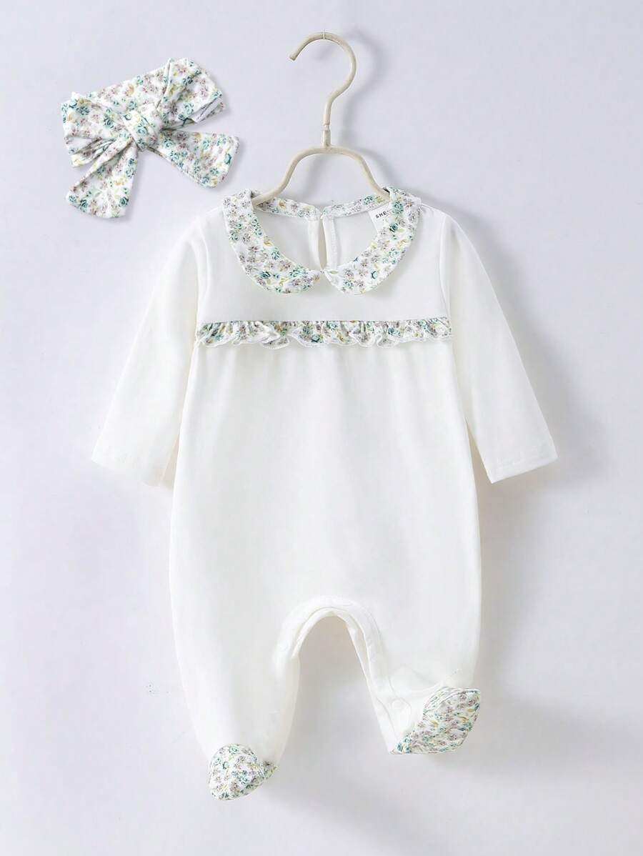 SHEIN 女婴花卉印花荷叶边饰对比色领连脚睡衣连体衣和配饰头带