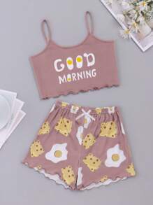 Conjunto de ropa de casa con estampado de queso y huevo para niñas preadolescentes - Rosa vieja - Ver 1