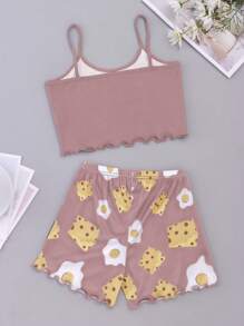 Conjunto de ropa de casa con estampado de queso y huevo para niñas preadolescentes - Rosa vieja - Ver 2