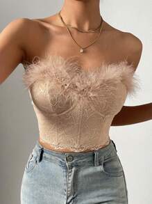 Chiquease Fuzzy Trim Lace Tube Top - Khaki - View 1