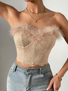 Chiquease Fuzzy Trim Lace Tube Top - Khaki - View 3