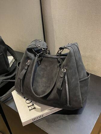 Maillard Retro 2025 Matte Texture Large Capacity Fashion Versatile Shoulder Bag, High-End Beach Tote Handbag Shopping Bag, Unique Low-Key Commuter Zip Dual-Strap Crossbody Bag