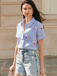 SHEIN Frenchy Áo sơ mi nữ Thêu Nút phía trước Tim Sọc Giải trí - Xanh và trắng - Xem 7