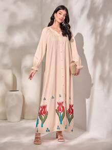 Al Najma 圖案印花荷葉袖前紐扣阿拉伯洋裝 - 彩色 - 查看 1