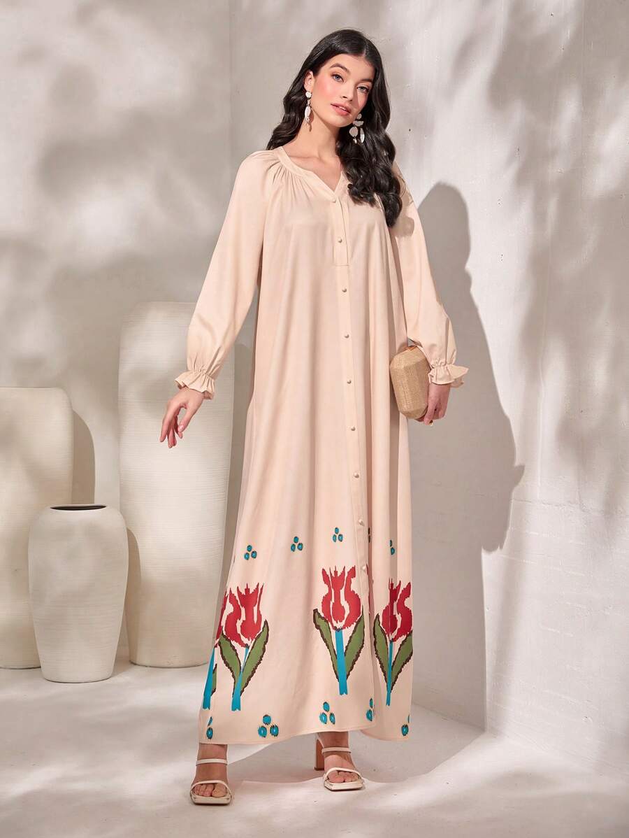 Al Najma 圖案印花荷葉袖前紐扣阿拉伯洋裝 - 彩色 - 查看 1