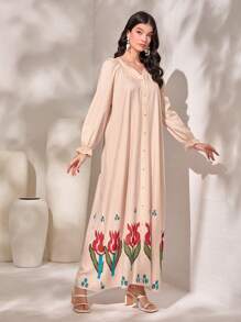 Al Najma 圖案印花荷葉袖前紐扣阿拉伯洋裝 - 彩色 - 查看 4