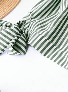 SHEIN LUNE 大碼條紋印花打結袖口襯衫連衣裙 - 綠色 - 查看 4