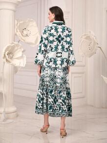 Modelyn 印花燈籠袖襯衫和荷葉邊半身裙 - 綠色 - 查看 2