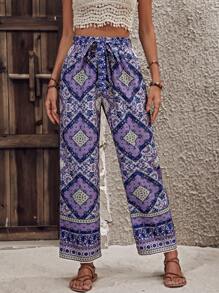 SHEIN VCAY Scarf Print Paperbag Waist Belted Wide Leg Pants - Purple - View 3