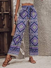 SHEIN VCAY Scarf Print Paperbag Waist Belted Wide Leg Pants - Purple - View 5