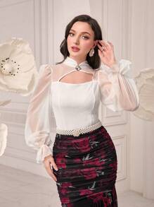 Modelyn Cut Out Front Flounce Sleeve Top - White - View 4