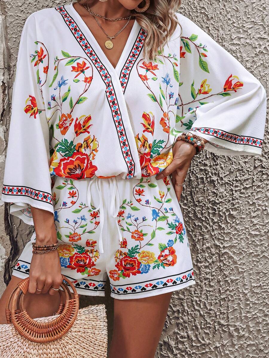 SHEIN VCAY Bộ đồ hai mảnh nữ Hoa Boho - trắng - Xem 1
