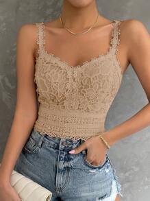 SHEIN VCAY Guipure Lace Cami Top - Apricot - View 1