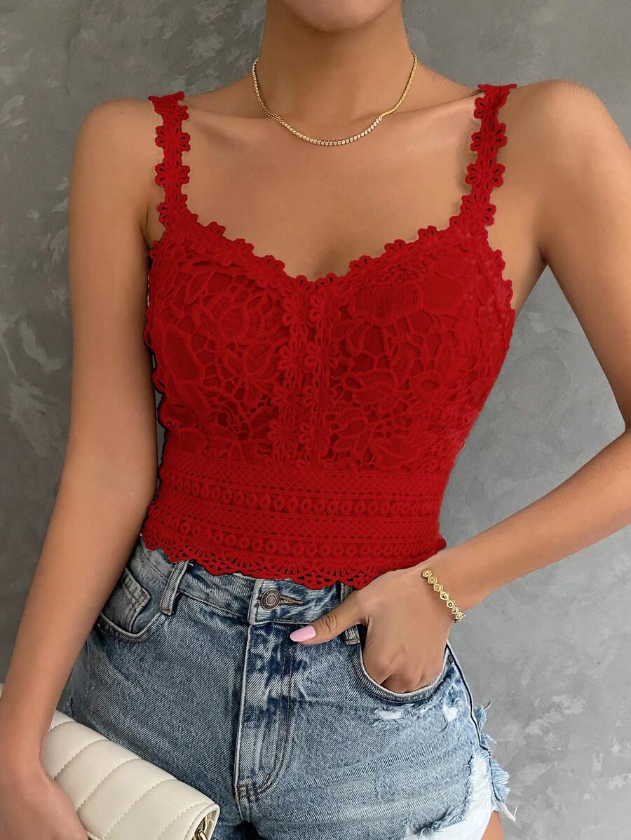 SHEIN Privé 提花蕾絲吊帶上衣 - 紅色 - 查看 1