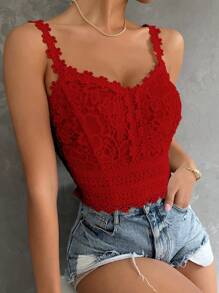 SHEIN Privé 提花蕾絲吊帶上衣 - 紅色 - 查看 6