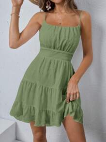 SHEIN WYWH Solid Ruffle Hem Cami Dress - Green - View 1
