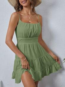 SHEIN WYWH Solid Ruffle Hem Cami Dress - Green - View 4