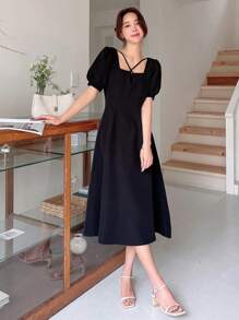 DAZY 素色泡泡袖A字連衣裙 - 黑色 - 查看 3