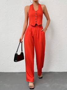 SHEIN Privé Solid Button Front Waistcoat & Suit Trousers - Orange - View 2