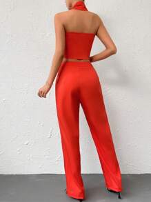 SHEIN Privé Solid Button Front Waistcoat & Suit Trousers - Orange - View 3