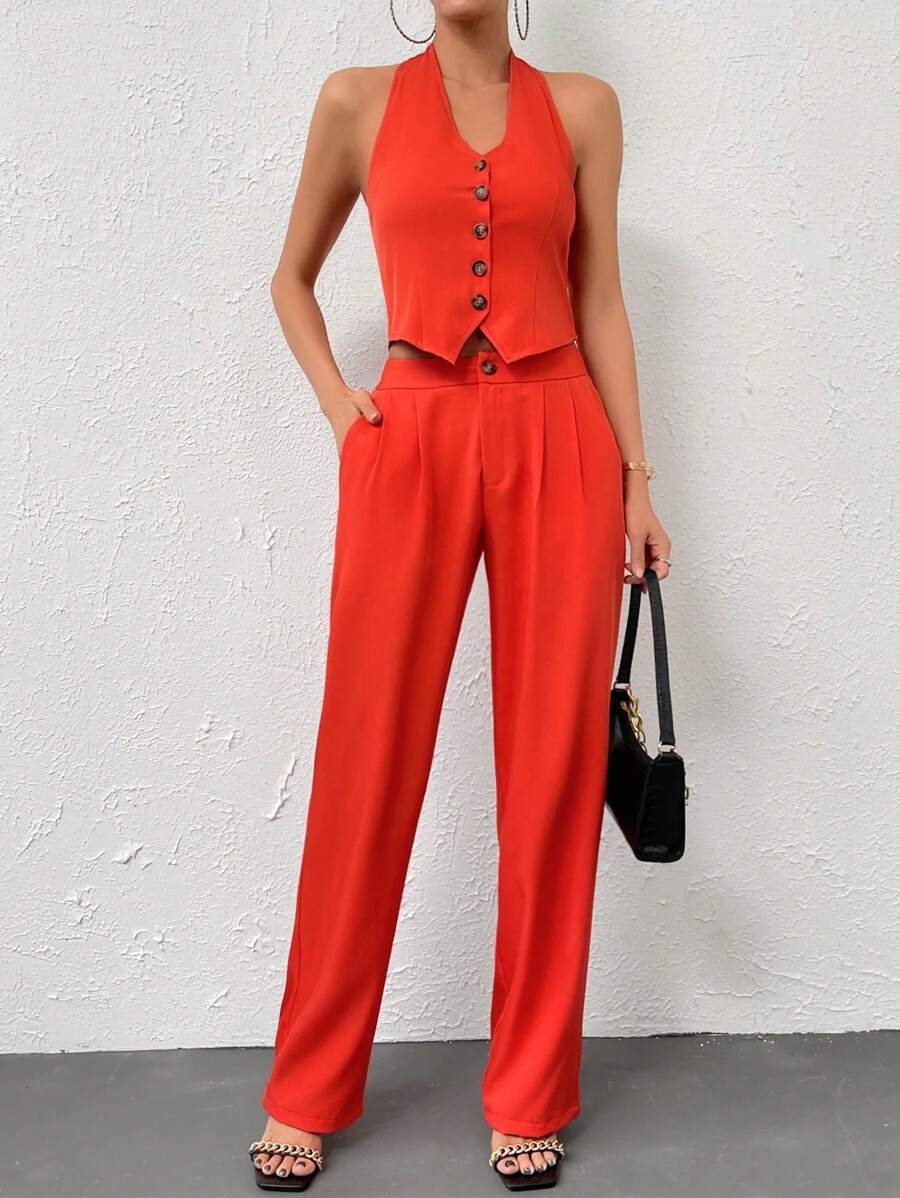 SHEIN Privé Solid Button Front Waistcoat & Suit Trousers - Orange - View 1