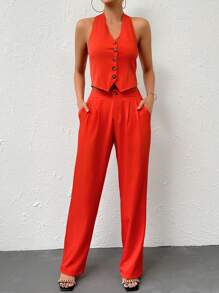 SHEIN Privé Solid Button Front Waistcoat & Suit Trousers - Orange - View 4