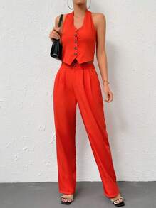 SHEIN Privé Solid Button Front Waistcoat & Suit Trousers - Orange - View 5