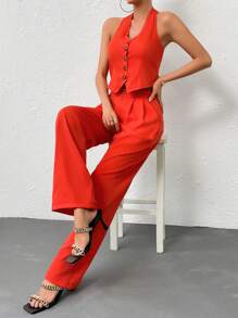 SHEIN Privé Solid Button Front Waistcoat & Suit Trousers - Orange - View 6